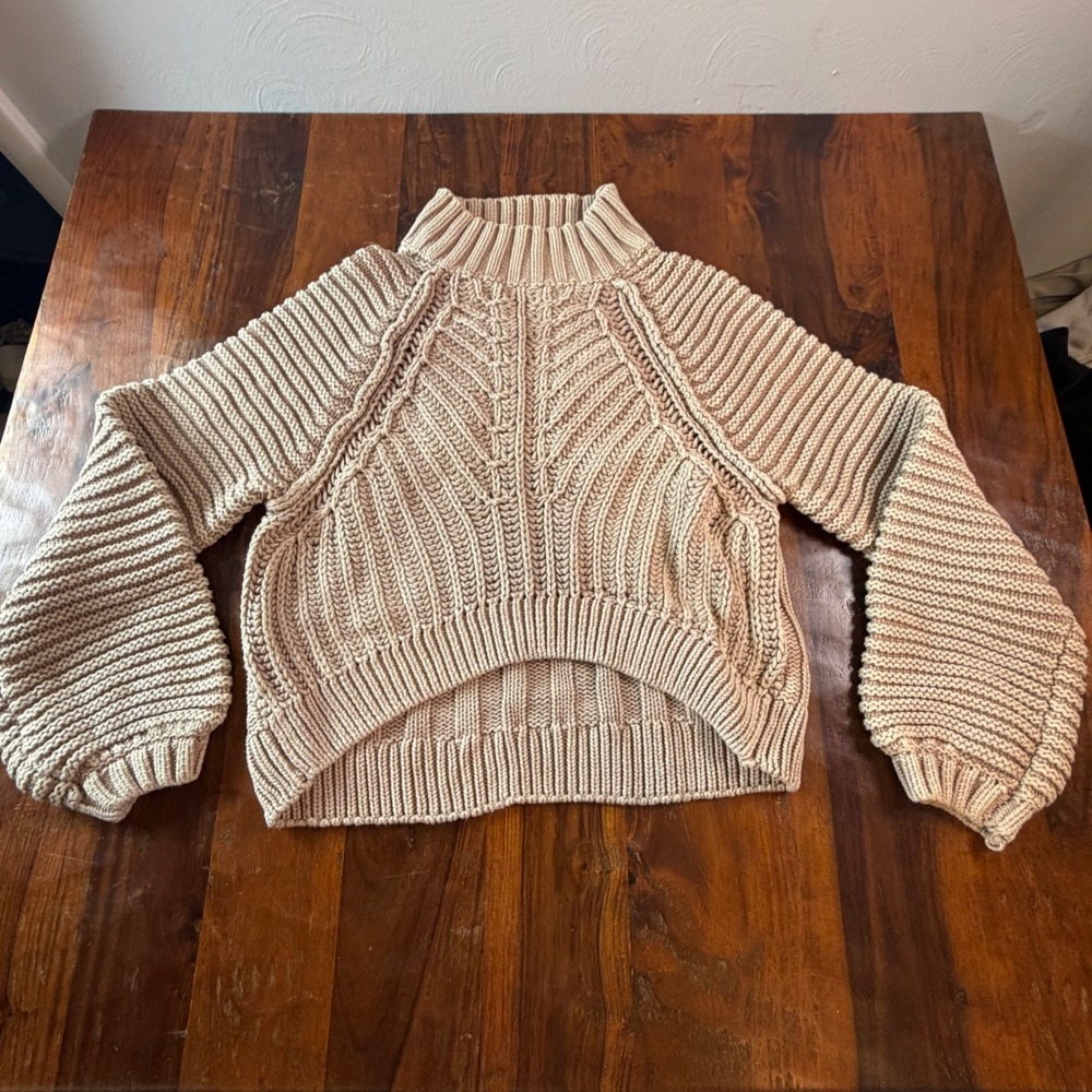 Free People My Only Sunshine Cotton Chunky Knit Mock Neck Sweater Tan Small